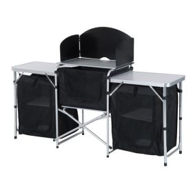 Aluminum Portable Camping Kitchen Fold-Up Cooking Table With Windscreen and 3 Enclosed Cupboards for BBQ, Party, Picnics, Backyards