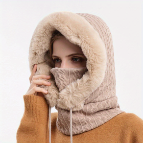 Winter Fleece Hood, Outdoor Riding 2 In 1 Neck Warmer & Hood, Cold-proof Ski Hood, Warm Scarf (Color: Beige Color)